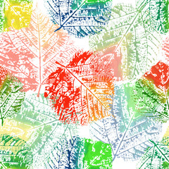 Pattern seamless with red green orange leaves on white background, for material, postcards, invitations, greeting cards, clothes, paper, holiday, wallpaper, textile. Painted in watercolor