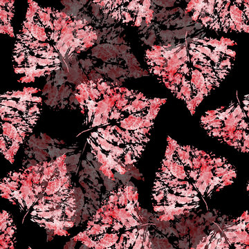 Pattern seamless with red black poplar leaves on black background, for material, postcards, invitations, greeting cards, clothes, paper, holiday, wallpaper, textile. Painted in watercolor