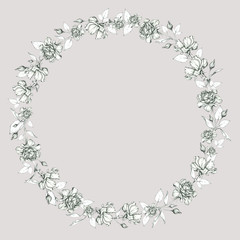 Round elegant frame of roses. Hand drawing with a pencil. Black and white. Mock up.