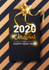 2020 merry Christmas gold and black colors place for text christmas bow star champagne ribbon flyer brochure - Vector