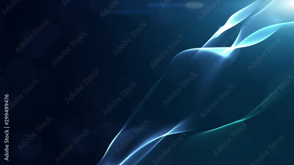 Poster abstract blue color digital particles wave with bokeh and light background