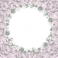 Round elegant frame of roses. Hand drawing with a pencil. Mock up.