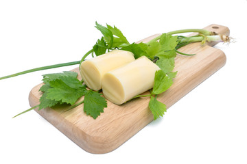 Tofu eggs and Vegetable on cutting board,isolated on white background
