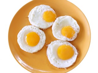 Top view of fried egg on plate isolated on white background, Sunny side Up, Ready to eat or serve