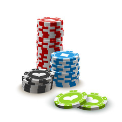 illustration Online Poker casino banner with chips on white surface table. Marketing Luxury Banner big win Jackpot Online Casino isolated on white background. Advertising poster with chips