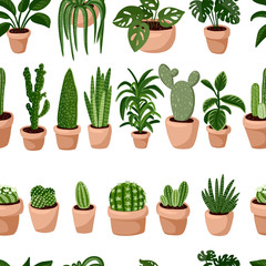 Hygge potted succulents plants in a row seamless pattern. Cozy lagom scandinavian style texture background tile