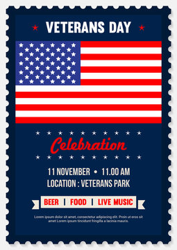 Veterans Day Poster Invitation Vector illustration. USA flag in stamp postage frame, flyer design