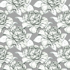 Seamless graphic pattern of beautiful roses. Pensil drawing. Vintage floral background.
