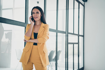 Portrait of her she nice attractive charming cute smart trendy lady calling partner discussing new...