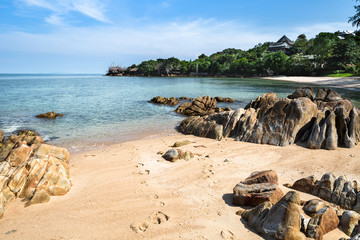 Fototapeta na wymiar Amazing view of beautiful tropical sand beach with rock, clear water, Thailand, Phangan island, Secret beach.