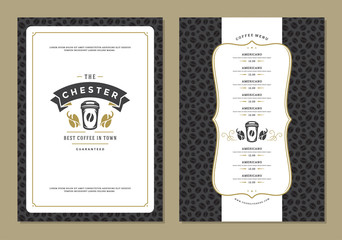 Coffee menu design template flyer for bar or cafe with offee shop logo cup symbol vector Illustration.