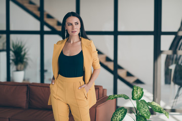 Gorgeous charming entrepreneur executive manager girl put hand pocket feel minded look good dream...