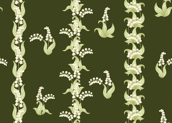 Lily of the valley, may-lily Seamless pattern, background. Vector illustration. In art nouveau style, vintage, old, retro style. on army green background..