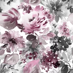 Wall murals Grey Seamless summer pattern with watercolor flowers handmade.