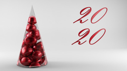 red balls in a transparent Christmas tree. Нappy New Year