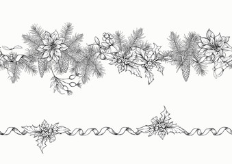 Christmas wreath of spruce, pine and poinsettia. Seamless pattern, background. Graphic drawing, engraving style vector illustration