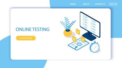 Landing page with design template for online testing. Concept of online exam, questionnaire form, online education, survey, internet quiz. Isometric vector illustration.