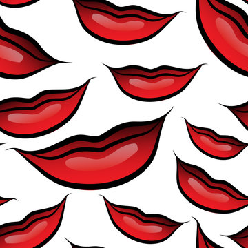 seamless pattern with female lips with red lipstick in pop art style