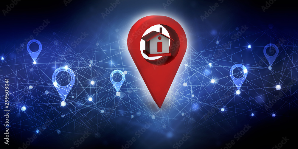 Poster 3d illustration search for property.a map with large red gps pointer containing