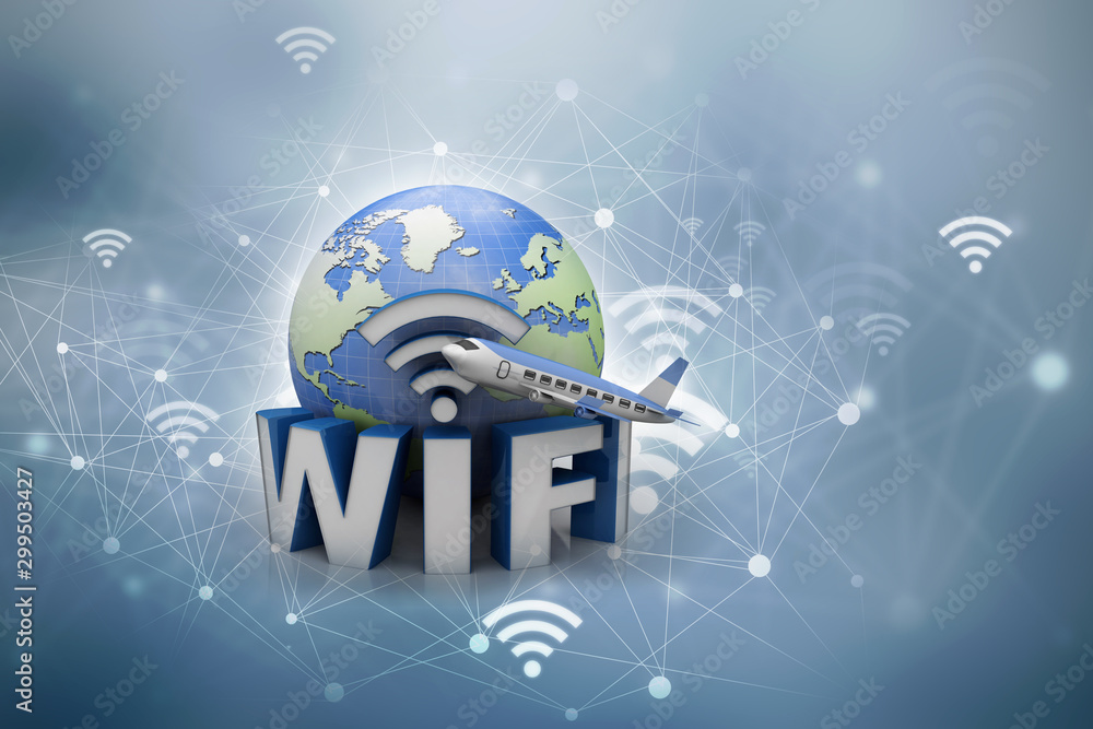 Poster 3d rendering airplane with wifi sign