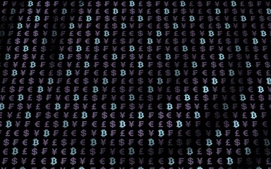 Bitcoin and currency on a dark background. Digital crypto symbol. Currency bubble, wave effect, market fluctuations. Business concept. 3D illustration