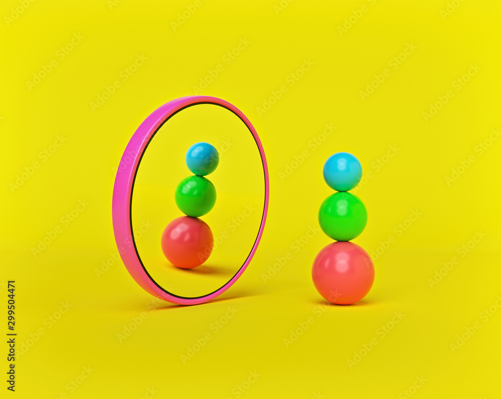 Poster multicolored balls reflection in round mirror isolated on yellow background. abstract conceptual com