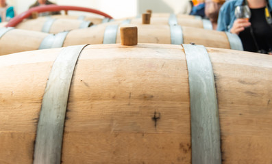 wooden barrels at the wine brandy factory