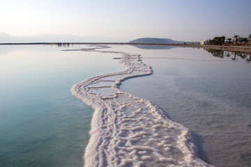Fototapeta na wymiar Reflection of mountains and palm trees in the water of the Dead Sea with salt formations