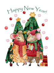 Naklejka premium Watercolor Christmas card with a pair of mice in love. Hand-drawn mice with gifts in hands on the background of Christmas trees.