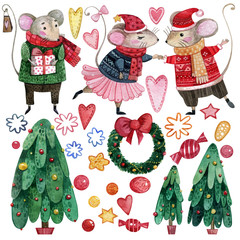 Set of watercolor hand drawn christmas elements for making cards, wrapping paper and scrapbooking. New Year's mice, Christmas trees, stars, hearts, candies and snowflakes for your own design.