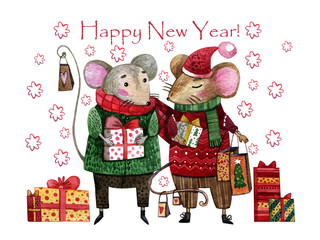 Watercolor Christmas card with a pair of LGBT mice in love. Hand-drawn mouse boys in green and red sweaters and scarves with gifts in their hands and in the background.