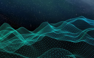 Abstract landscape on a dark background. Cyberspace grid. hi tech network. Outer space. Starry outer space texture. 3D illustration