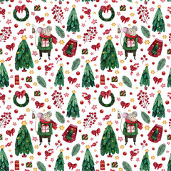 Seamless pattern with mice in a green sweater on the  watercolor background of gifts, sweets, branches of a Christmas tree and wreaths. Pattern for greeting cards, wrapping paper, fabric design .