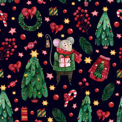 Watercolor seamless pattern with mice in a green sweater on the background of gifts,  tree branches,sweets, and wreaths. Illustration on dark blue background