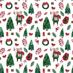 Watercolor seamless pattern with mice in a green sweater on the background of gifts, sweets, branches of a Christmas tree and wreaths. Christmas seamless pattern for greeting cards, wrapping paper.