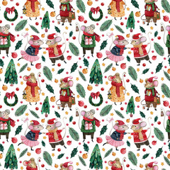  Seamless pattern with mice in winter sweaters and New Year hats on the white background with  gifts, stars, christmas toys, winter wreaths holly branches. Christmas seamless pattern for cards.