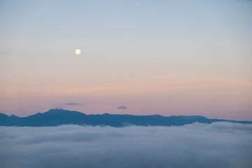 Foggy mountain landscape in Pa Bong Piang village in Mae Cham, Chiangmai, Thailand.