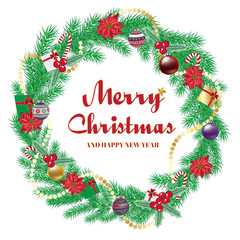 Merry Christmas typographical in Wreath ,Pine Branches Decorated with Red Berries ,balls,gift and Candy Canes.