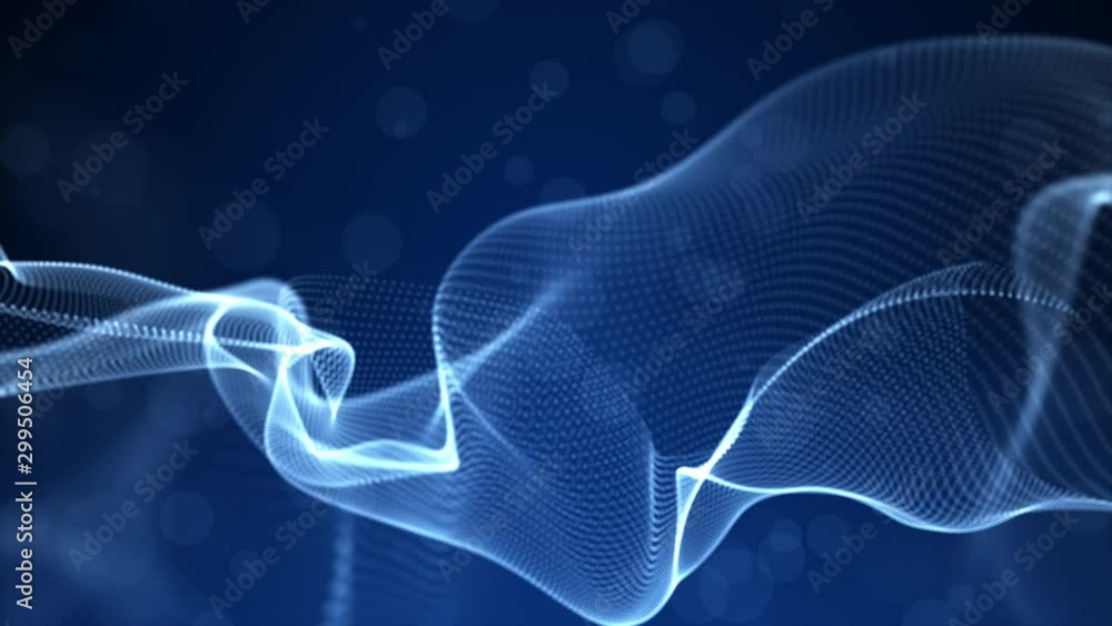 Poster abstract blue color digital particles wave with bokeh and light background