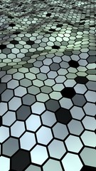 Honeycomb with a gradient color. Perspective view on polygon look like honeycomb. Wavy surface. Isometric geometry. 3D illustration