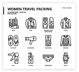 Women Travel Packing icon set