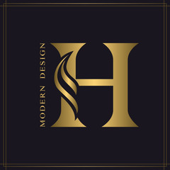 Elegant Capital letter H. Graceful Royal Style. Calligraphic Beautiful Logo. Vintage Gold Drawn Emblem for Book Design, Brand Name, Business Card, Restaurant, Boutique, Hotel. Vector illustration