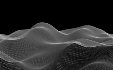 Abstract gray landscape on a black background. Cyberspace grid. hi tech network. 3d technology illustration. Depth of field. 3D illustration