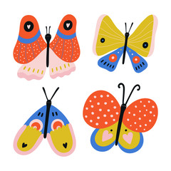 Vector set of 4 hand drawn Butterflies. Cute hand drawn insects in a Cartoon Naive stye. Bright and beautiful Butterfly illustration.