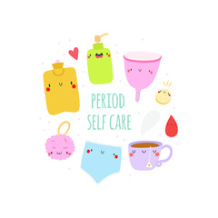 Period Self Care - cute vector illustration. Menstrual background with cartoon objects - menstrual cup, cup of tea, pill, warmer, cream, pants, washcloth. Self Help when you have a Period.