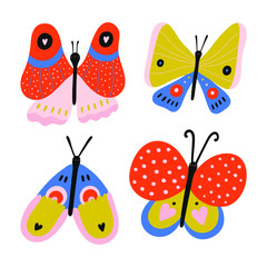Vector set of 4 hand drawn Butterflies. Cute hand drawn insects in a Cartoon Naive stye. Bright and beautiful Butterfly illustration.