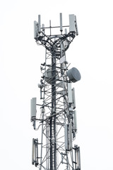 Detailed view of a newly installed 4G and Microwave communications tower. Showing the various antennas and omnidirectional network and phone systems.