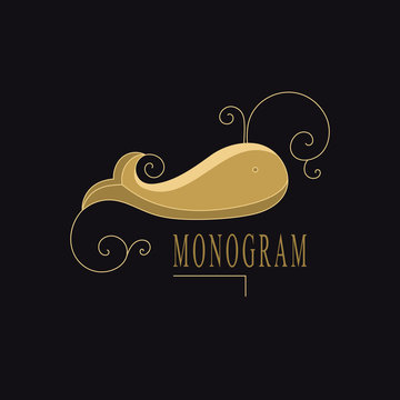 Vintage Whale with Fountain. Drawn Color Emblem. Monogram Template for Cards, Invitations, Book Design, Restaurant Menu, Educational Services, Salons, Advertising. Children Decor. Vector illustration