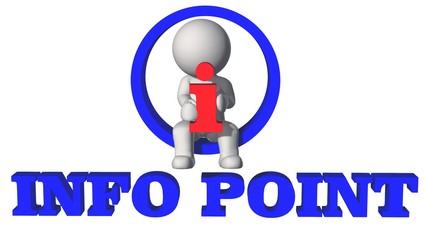 info point lettering in blue color - shown in a composition of various graphic elements with 3D people - isolated on white background - 3D illustration