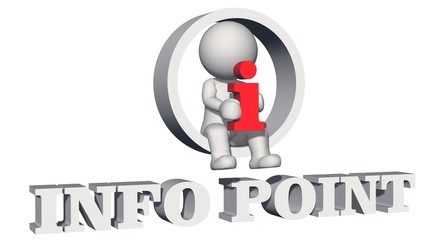 info point lettering in white color - shown in a composition of various graphic elements with 3D people - isolated on white background - 3D illustration